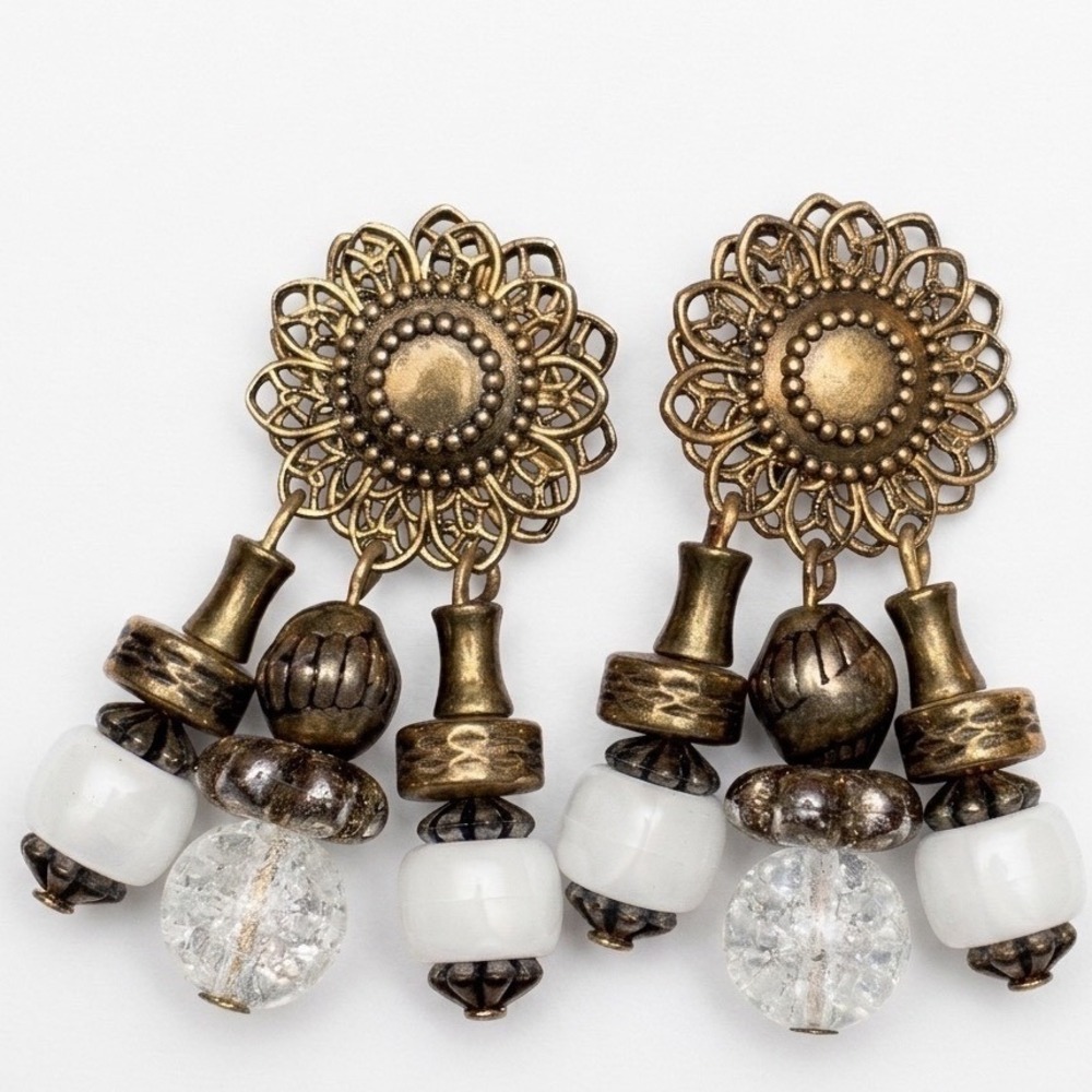 Antique Gold Floral Filigree Chandelier Earrings White Crackle Bead Dangle Drop‎